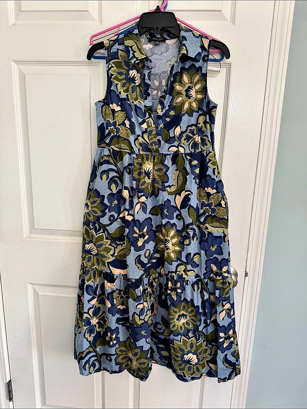 Rachel Zoe Blue Green Floral Sleeveless Tiered Midi Shirt Dress Floral Midi